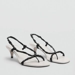 62. MANGO MNG Ruched Strips White Black Kitten Heel Sandals $90 EUC Sz 36
